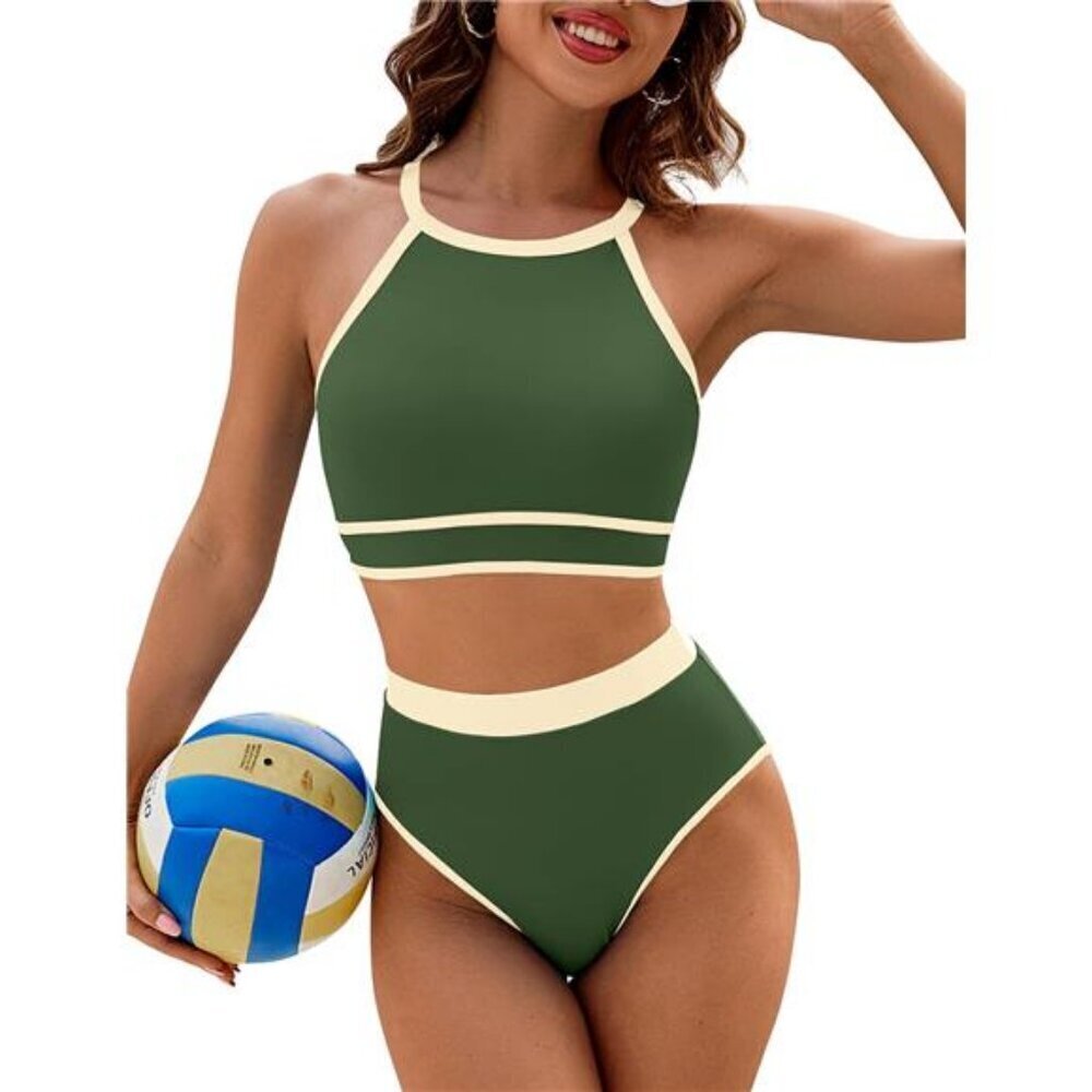 Sporty Halter Bikini High Waisted Color Block Swimsuit